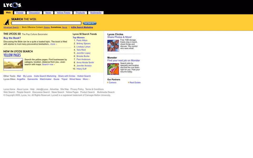 lycos.com homepage in 2005