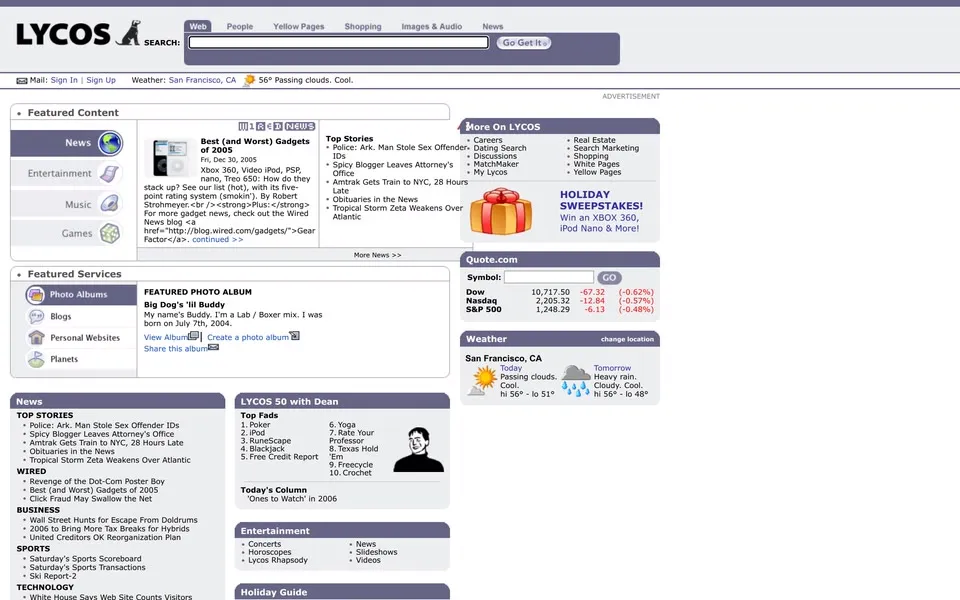 lycos.com homepage in 2006