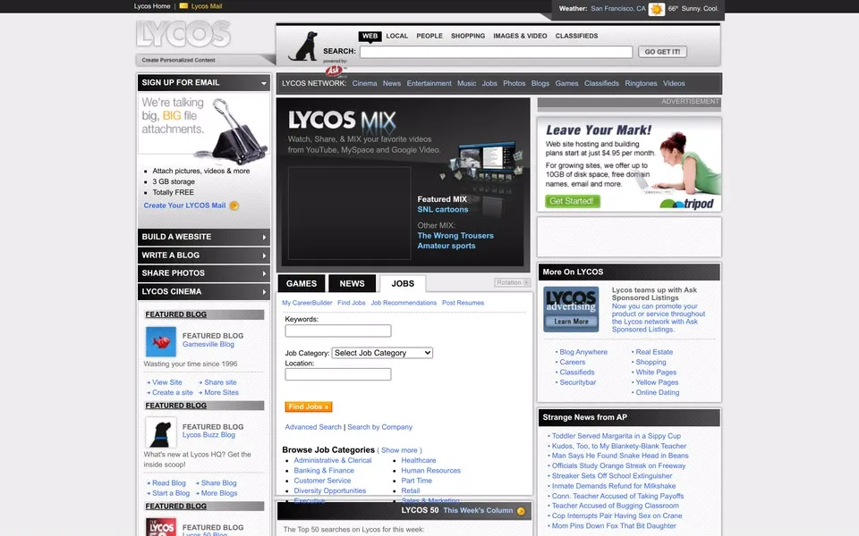 lycos.com homepage in 2007