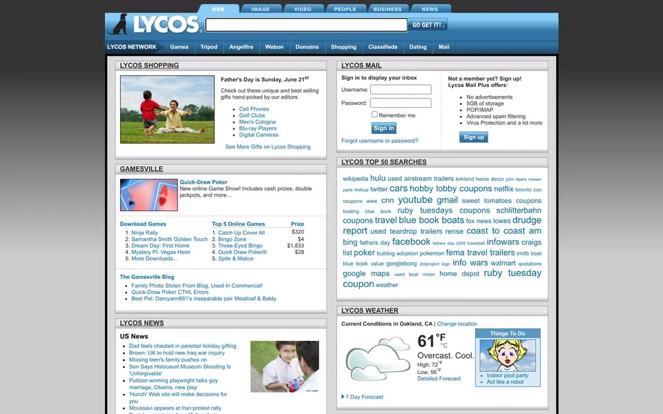 lycos.com homepage in 2009