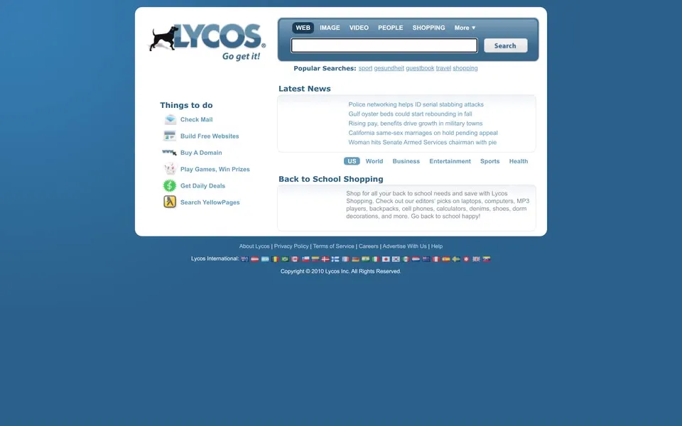 lycos.com homepage in 2010