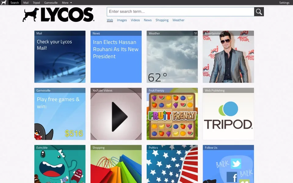 lycos.com homepage in 2013