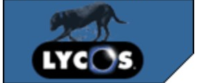 Lycos logo on the 2003 lycos.com homepage: black hound above a round LYCOS badge on blue