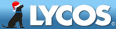Lycos logo on the 2008 lycos.com homepage: white LYCOS on blue with a sitting dog