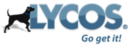 Lycos logo on the 2010 lycos.com homepage: blue wordmark with a standing dog and 'Go get it!'