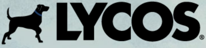 Lycos logo on the 2012 lycos.com homepage: bold black LYCOS next to a black dog