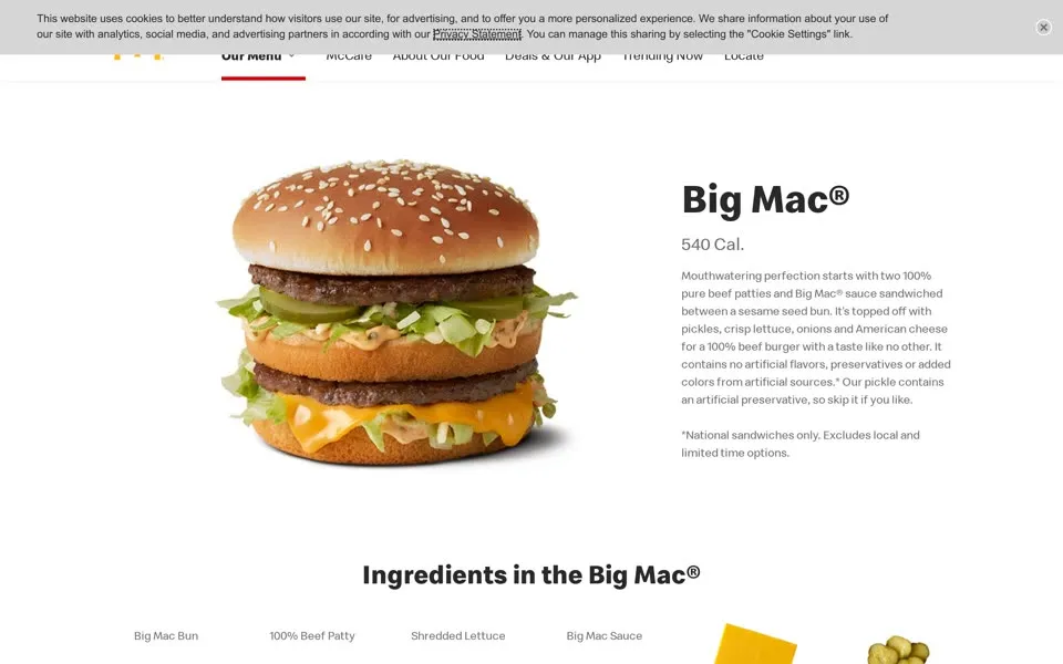 McDonald's Big Mac product page, January 4, 2020