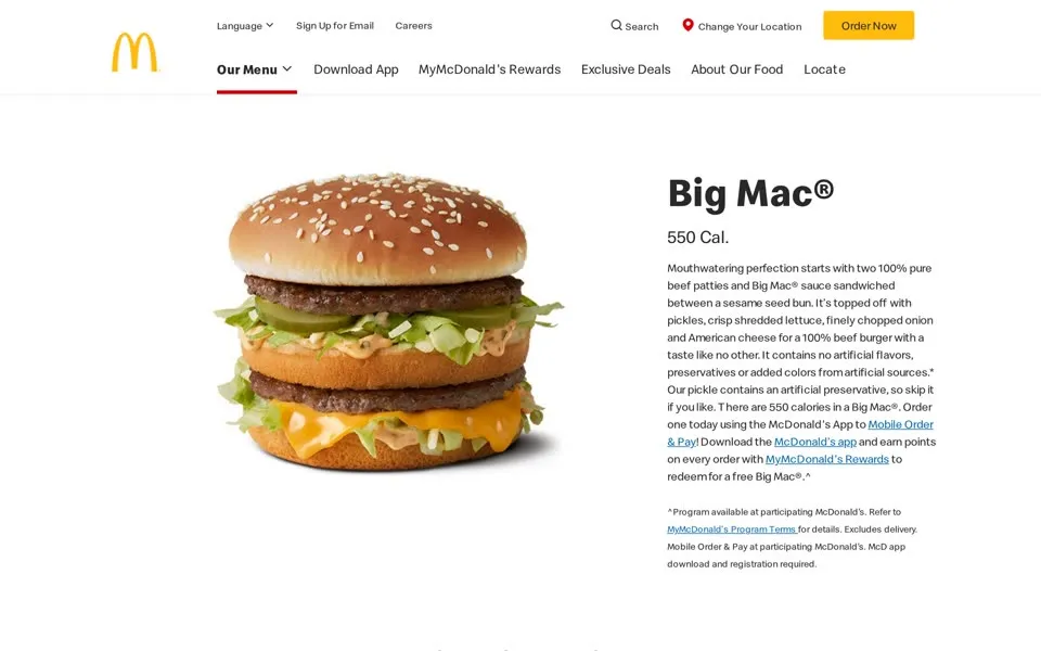 McDonald's Big Mac product page, January 12, 2022