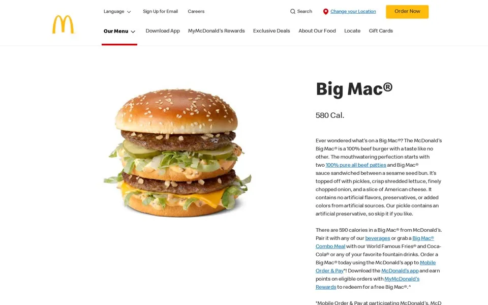 McDonald's Big Mac product page, January 1, 2024