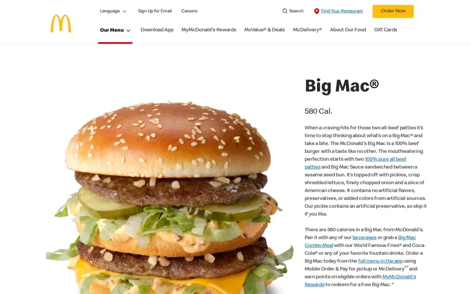 McDonald's Big Mac product page, January 20, 2026