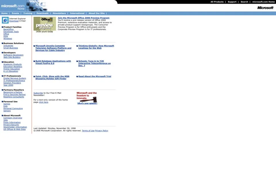 microsoft.com homepage in 1998