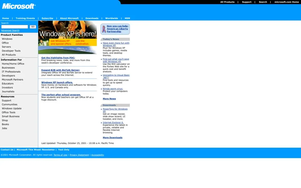 microsoft.com homepage in 2001