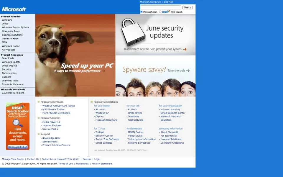 microsoft.com homepage in 2005