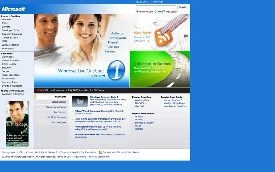 microsoft.com homepage in 2006