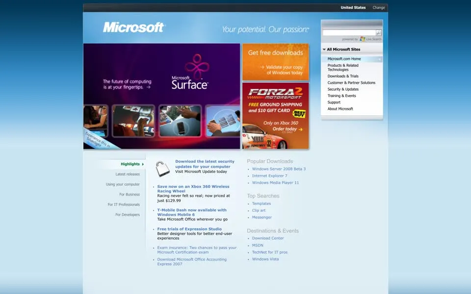 microsoft.com homepage in 2007