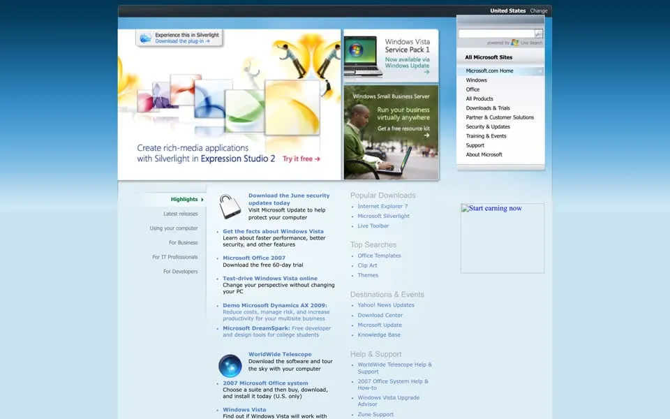 microsoft.com homepage in 2008