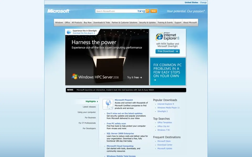 microsoft.com homepage in 2009