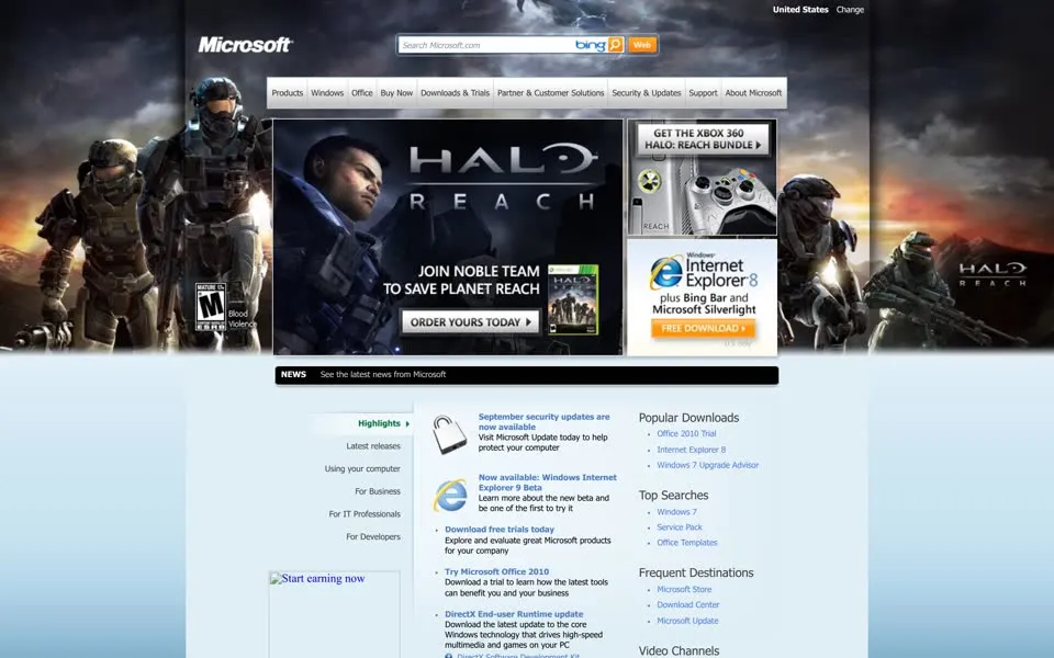 microsoft.com homepage in 2010