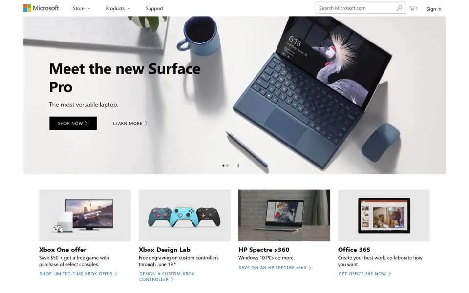 microsoft.com homepage in 2017