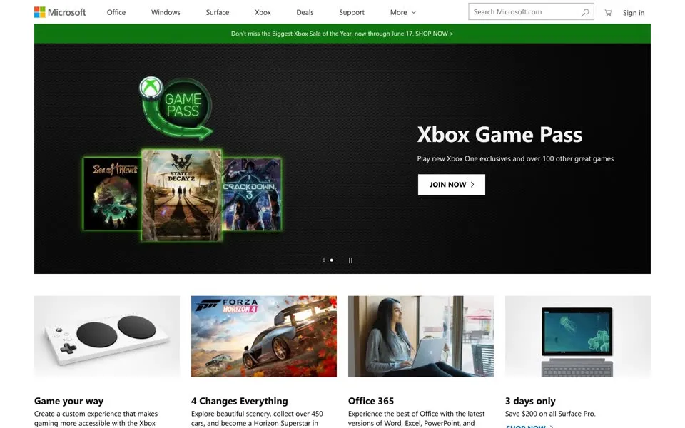 microsoft.com homepage in 2018