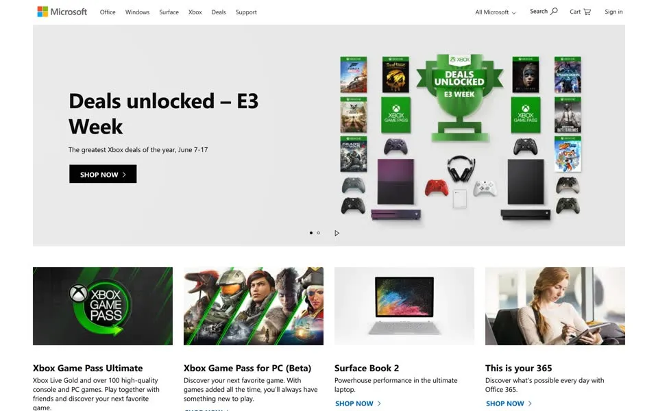 microsoft.com homepage in 2019