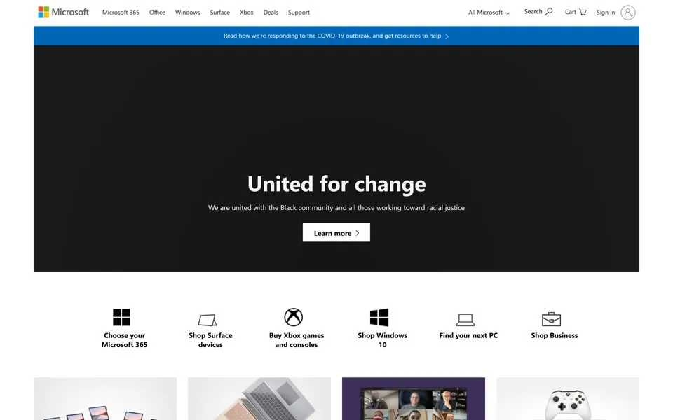 microsoft.com homepage in 2020