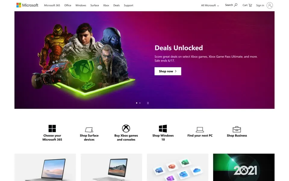 microsoft.com homepage in 2021