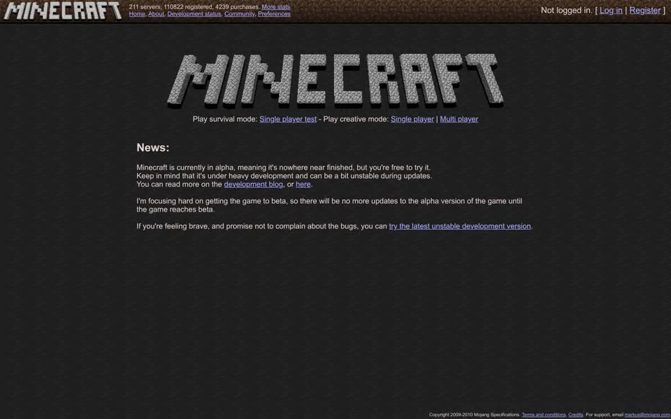 minecraft.net homepage in 2010