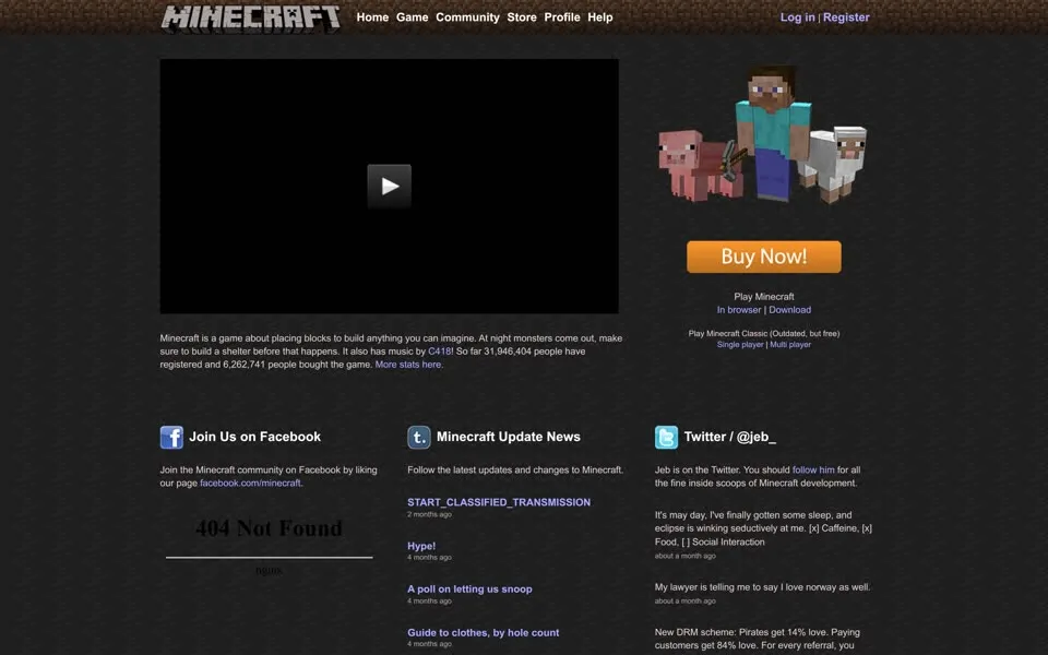minecraft.net homepage in 2012