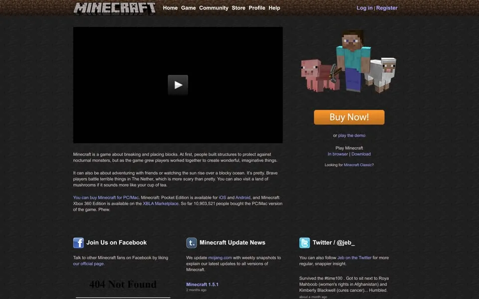 minecraft.net homepage in 2013