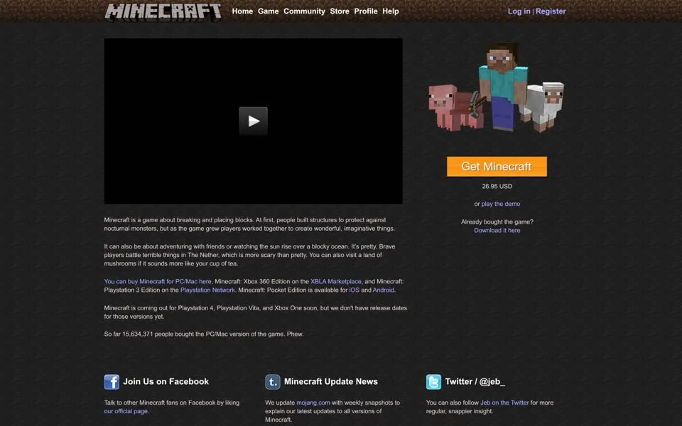 minecraft.net homepage in 2014