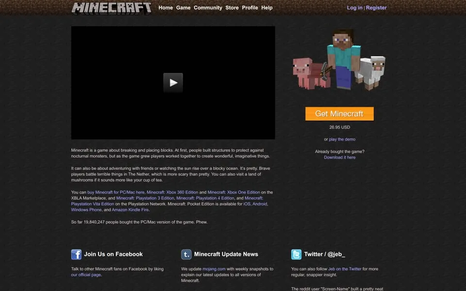 minecraft.net homepage in 2015