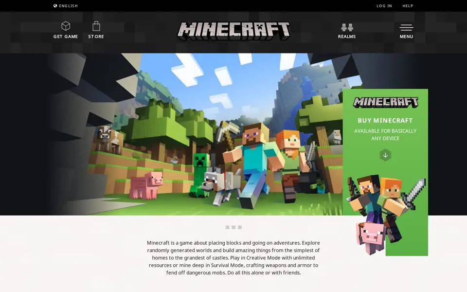minecraft.net homepage in 2016