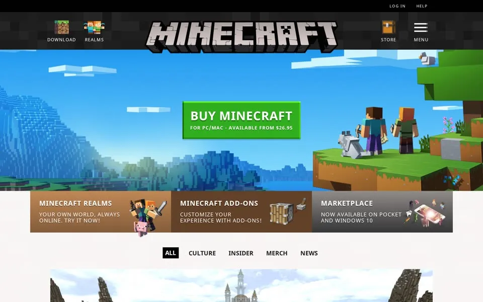 minecraft.net homepage in 2017