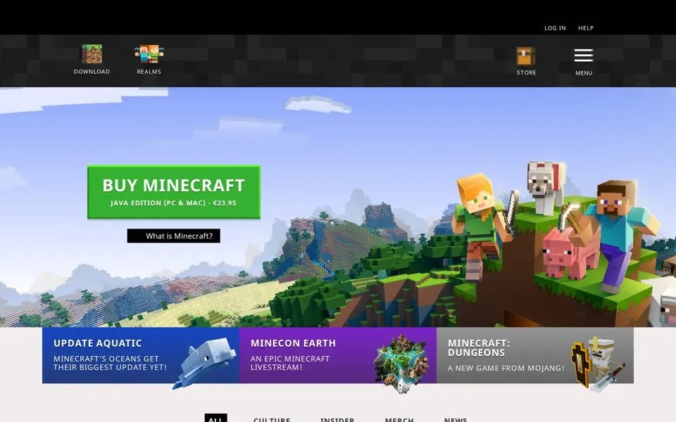 minecraft.net homepage in 2018