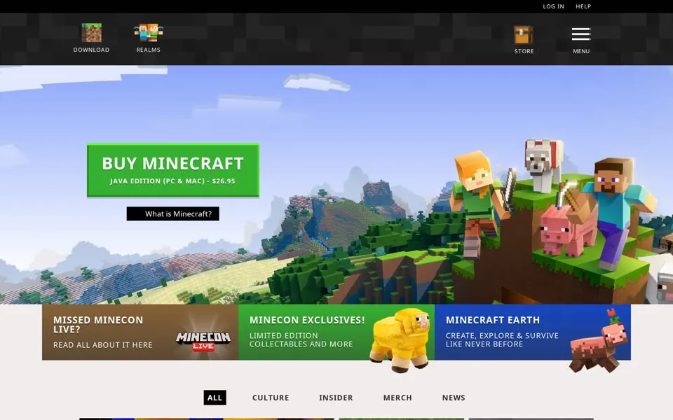 minecraft.net homepage in 2019