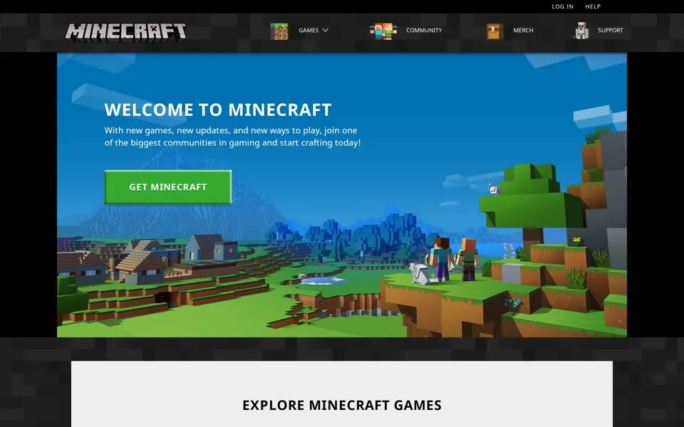 minecraft.net homepage in 2020