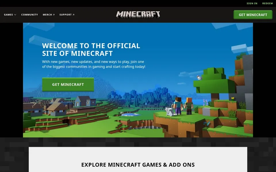 minecraft.net homepage in 2023