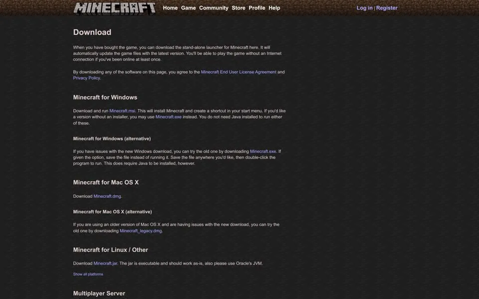 minecraft.net download page, January 2, 2016