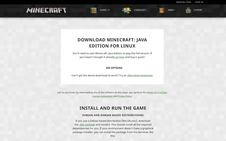minecraft.net download page, January 8, 2020