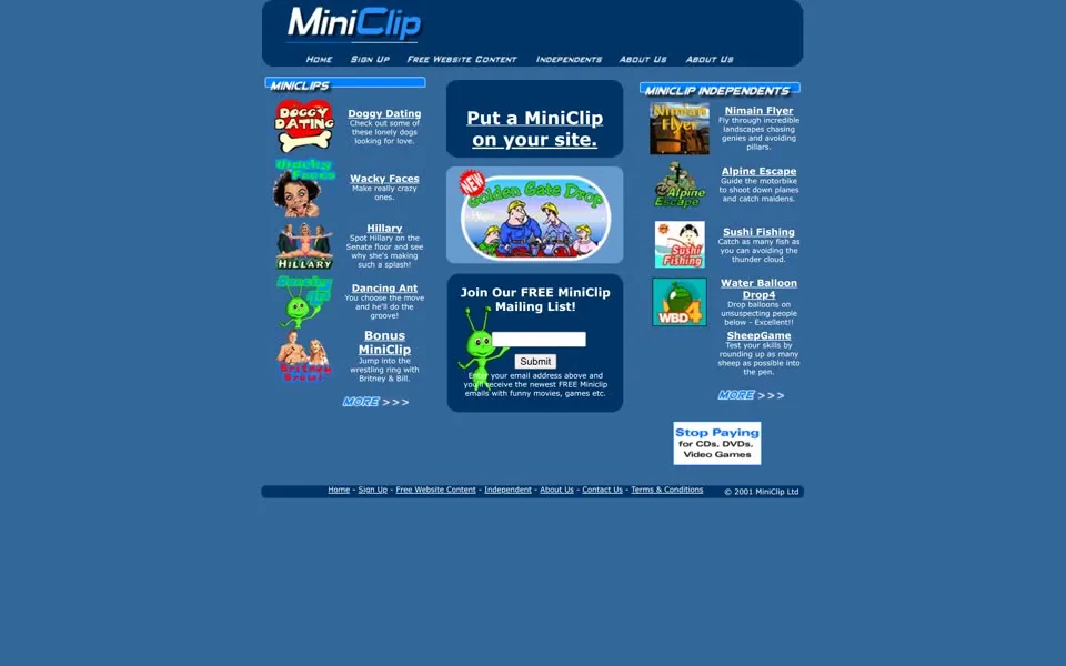 miniclip.com homepage in 2001