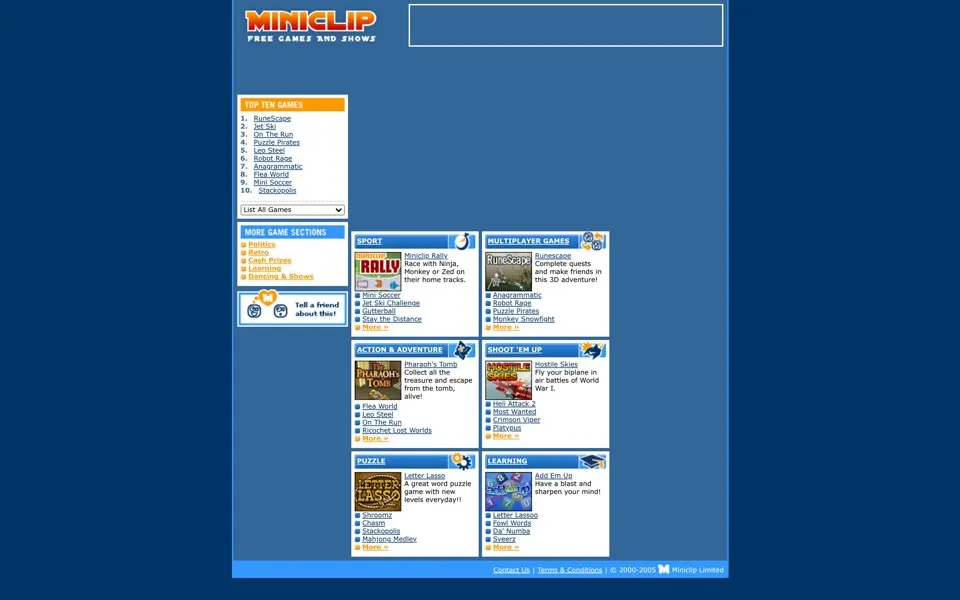 miniclip.com homepage in 2005