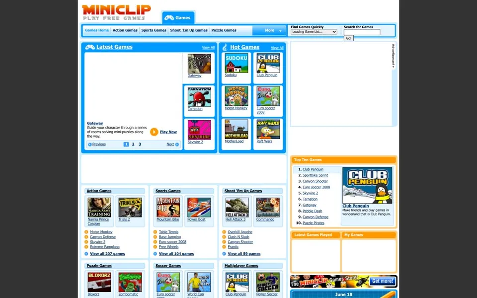 miniclip.com homepage in 2008