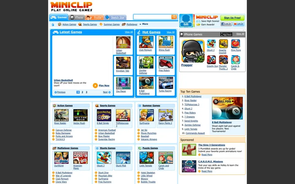 miniclip.com homepage in 2011