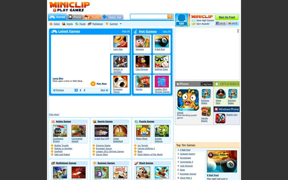 miniclip.com homepage in 2012