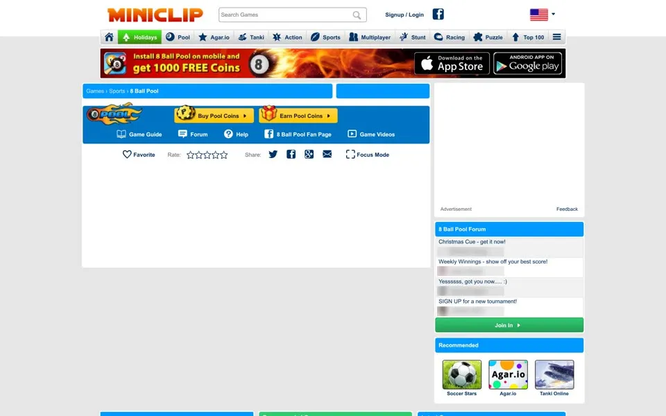 8 Ball Pool game page on miniclip.com, January 2, 2016, with an Install 8 Ball Pool on mobile banner