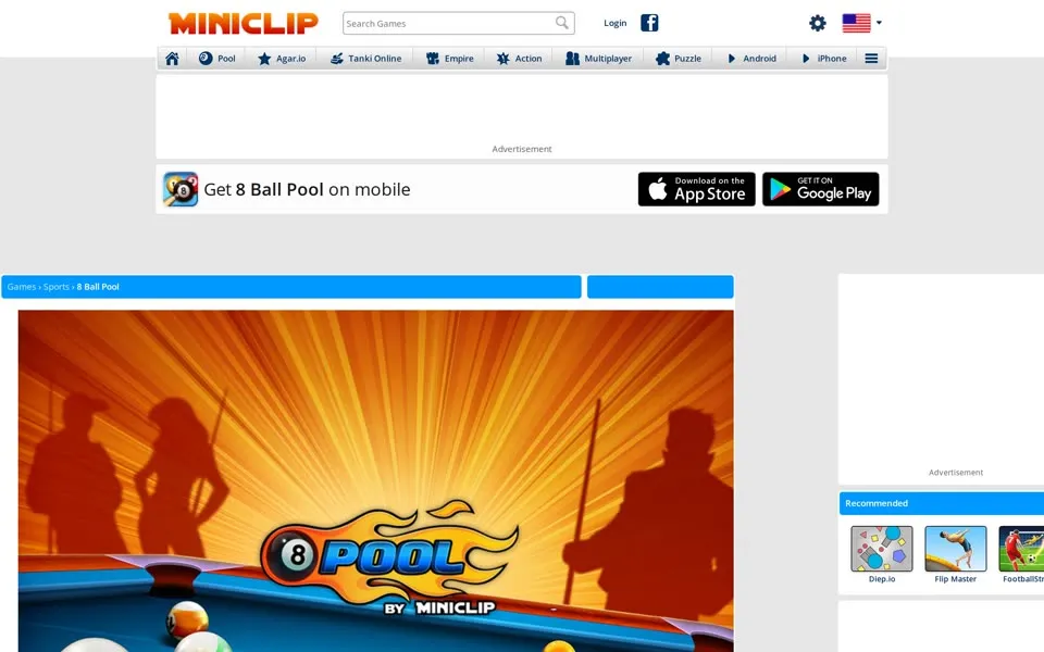 8 Ball Pool game page on miniclip.com, January 1, 2021, with the game's loading screen