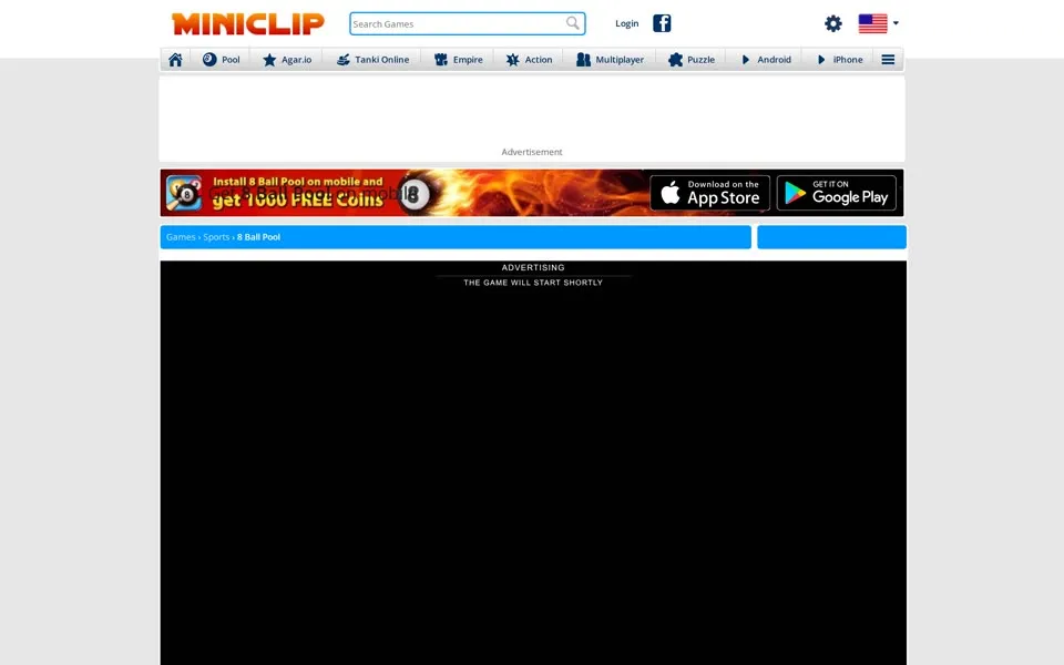 8 Ball Pool game page on miniclip.com, January 1, 2022, with a black advertising screen