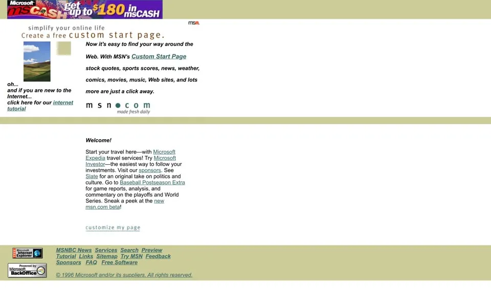msn.com homepage in 1996