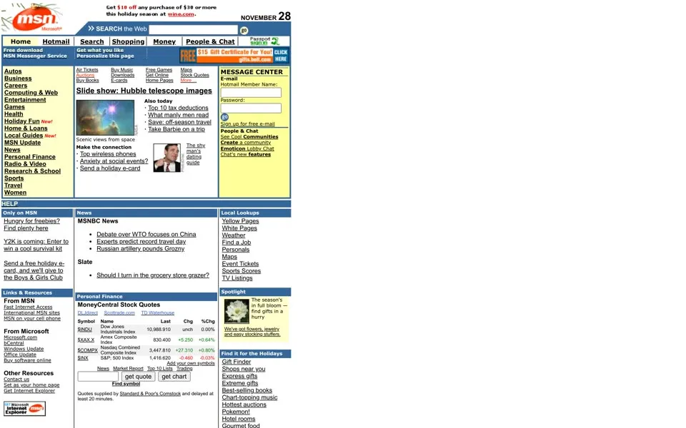 msn.com homepage in 1999